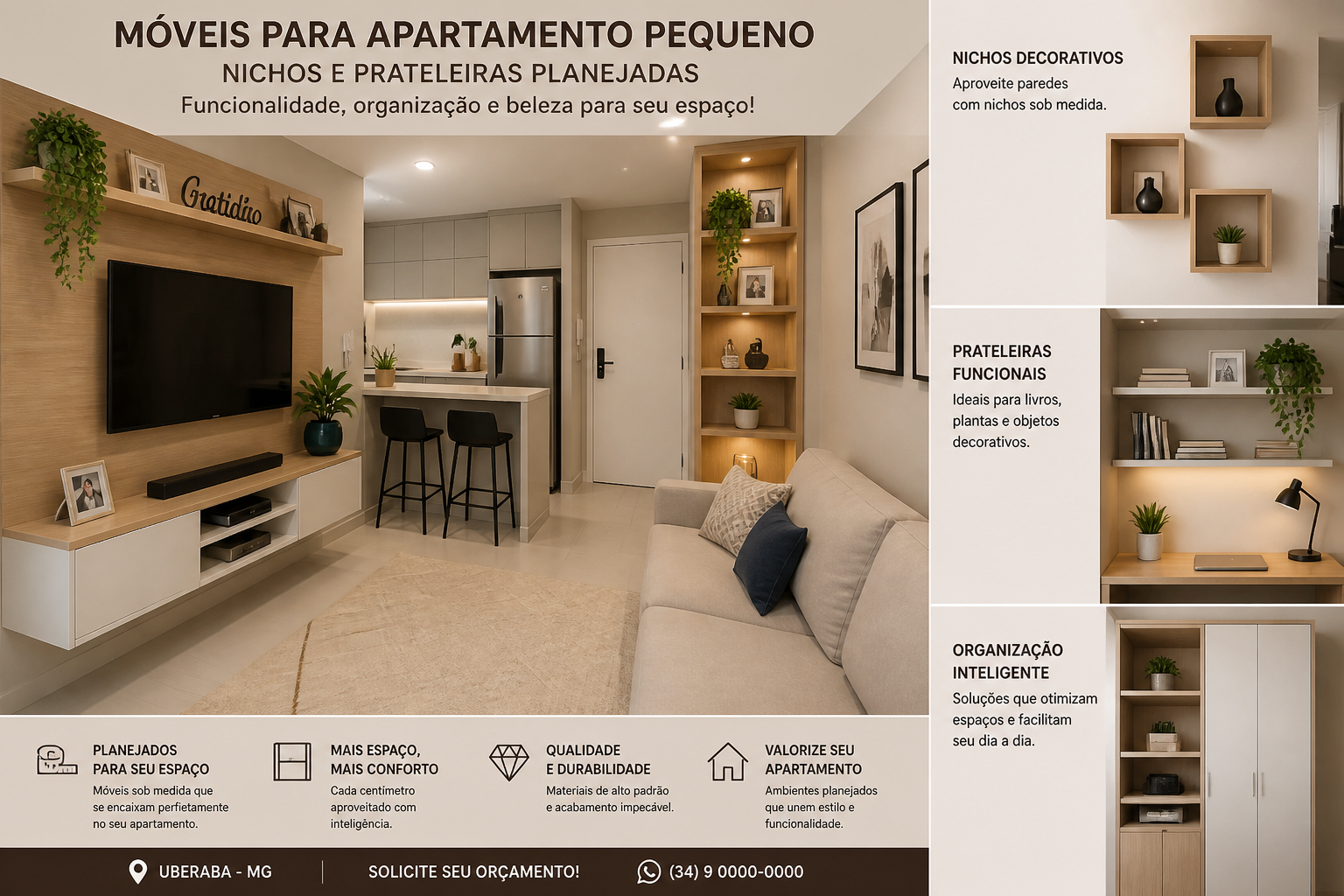 Móveis para apartamento pequeno: nichos e prateleiras